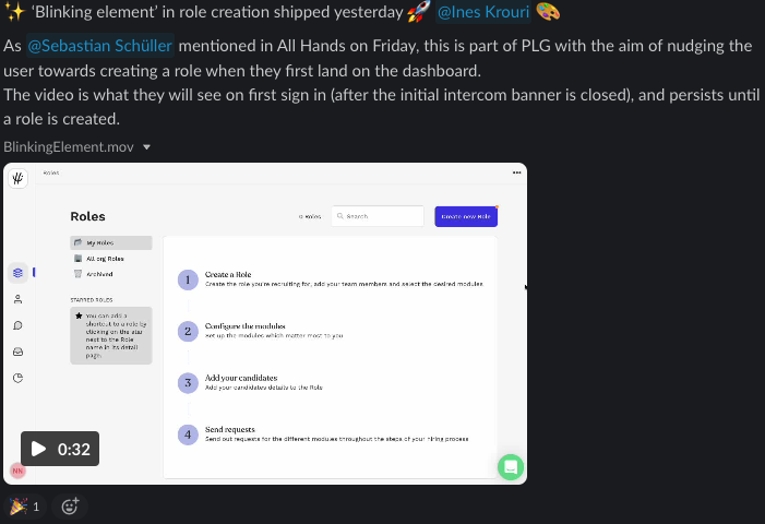HiPeople Slack announcement for the blinking element in role creation: a PLG nudge on the Roles dashboard that persists until a role is created, shown with a video preview of the first sign-in experience