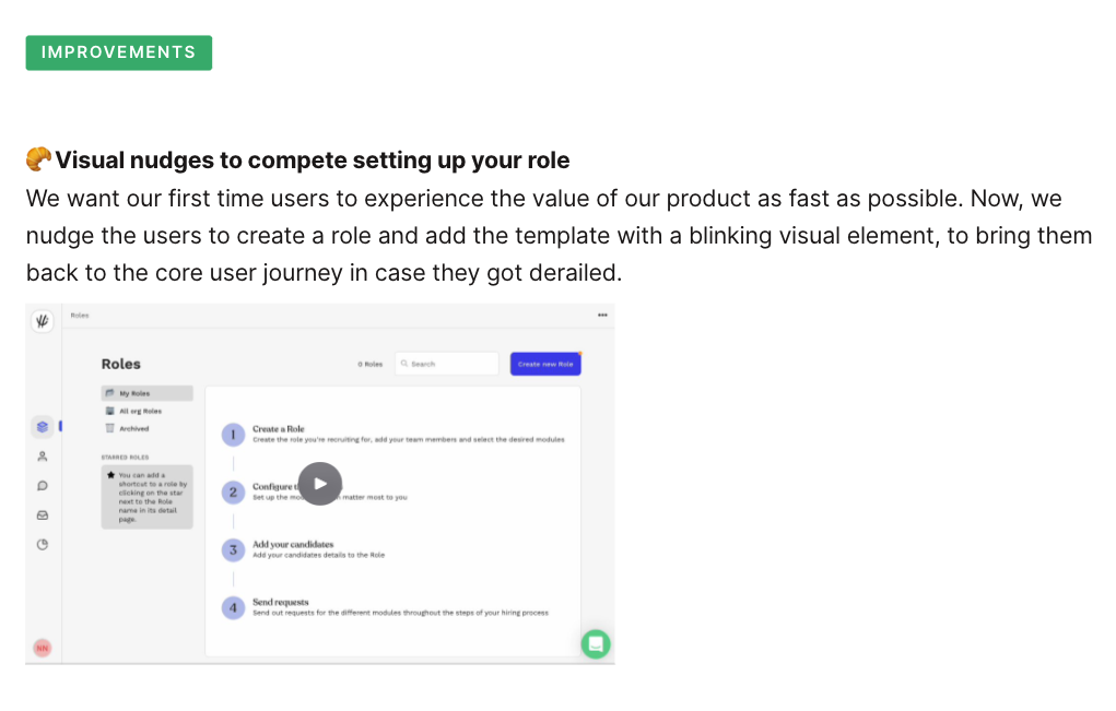 HiPeople product update screenshot for visual nudges in role setup: a blinking Create new Role button and onboarding steps on the Roles dashboard for first-time users