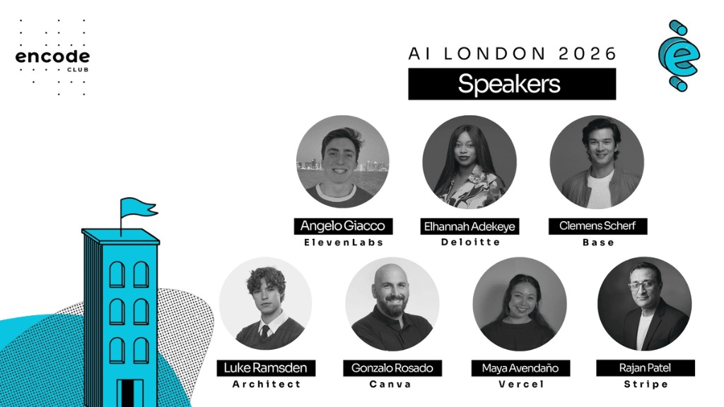 Encode Club AI London 2026 speakers graphic including Maya Avendaño (Vercel)