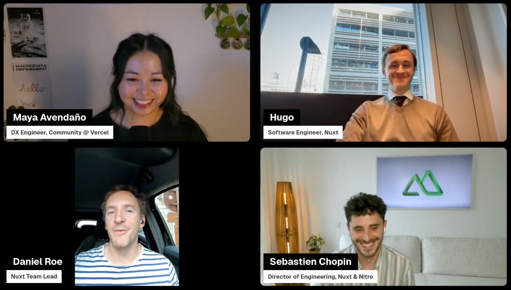 Maya Avendaño hosting a Nuxt on Vercel live session with Hugo Richard, Daniel Roe and Sebastien Chopin