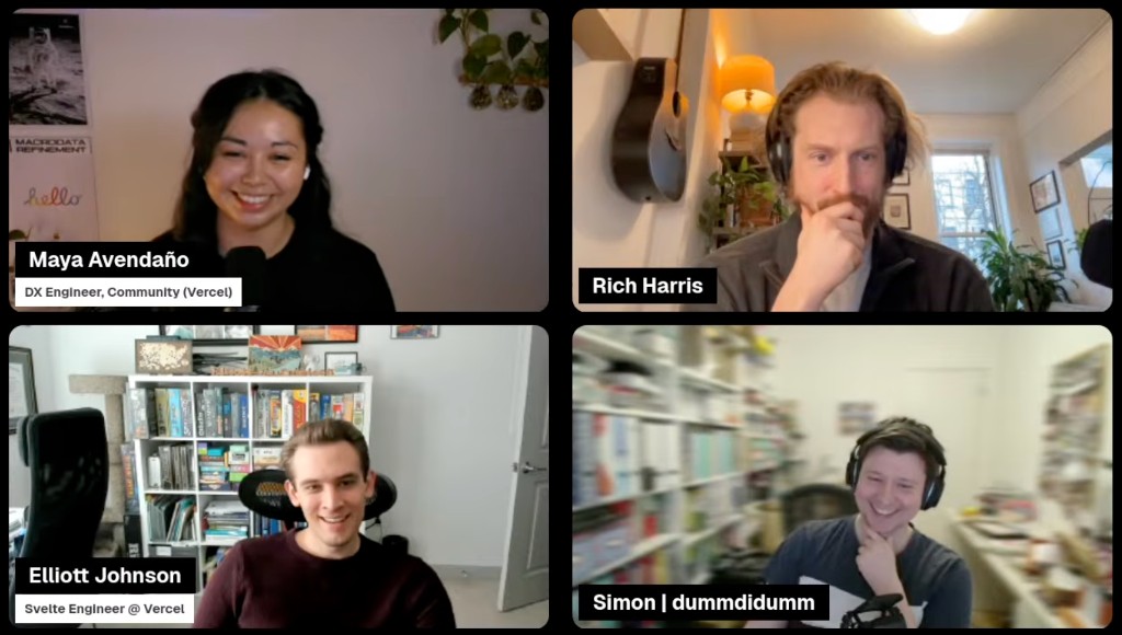 Maya Avendaño hosting a Svelte on Vercel live session with Rich Harris, Elliot Johnson and Simon